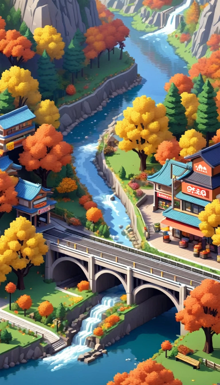 Dreamlike scenery，(Mountains、Fall:1.6)，Around the mountain road，Convenience store，Viaduct，Scenic area rest tables and chairs，river，High-speed rail，track，Isometric Art, 3D Isometric, Isometric pixel art，Simple background，MG_ip