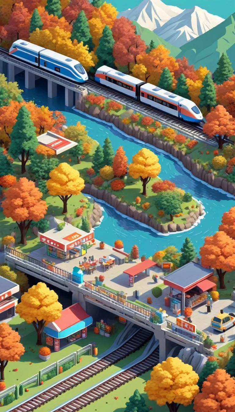 Dreamlike scenery，(Mountains、Fall:1.6)，Around the mountain road，Convenience store，Viaduct，Scenic area rest tables and chairs，river，High-speed rail，track，Isometric Art, 3D Isometric, Isometric pixel art，Simple background，MG_ip