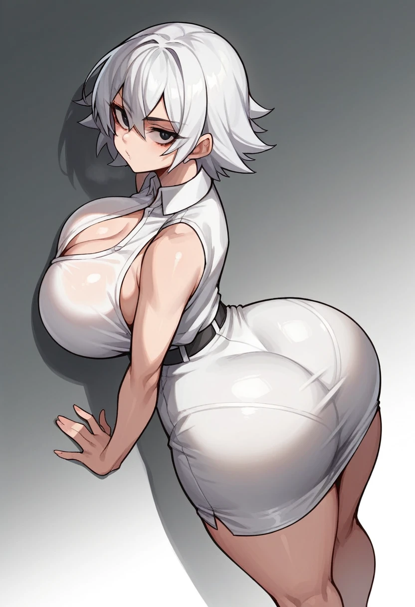 (Alone:1.5),(Woman1),(pretty),(hot slender body),(anime hentai2d),(Skin color Dark:1.5),(Long white hair that goes all the way to ass and white eyes),(black eyes),(sexy thin mouth),(Big ass:1.5),(hypinating ass to the fourth wall:1.5),(big breasts:1.5),(wearing),+,(A tight straight pencil skirt that highlights his big ass And a white blouse With a neckline in the middle of her big breasts)