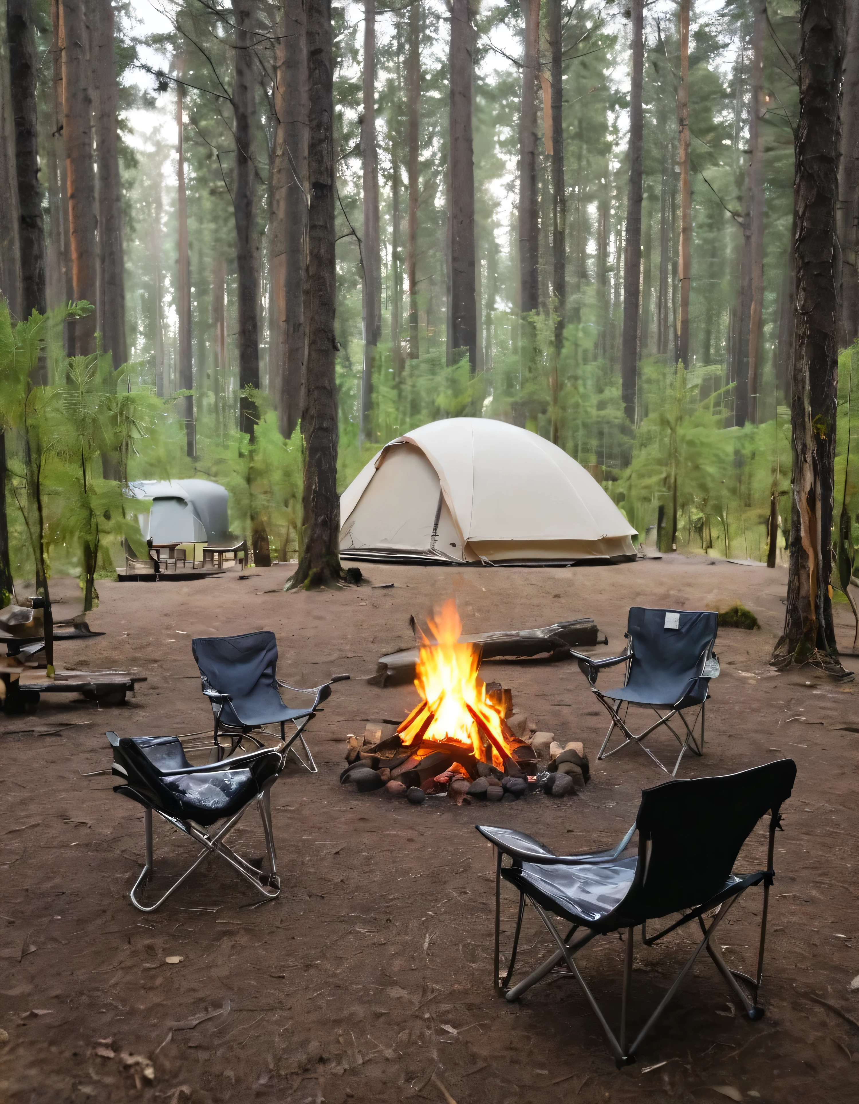 a close up of a tent and chairs in a forest, camping, at a campfire in the forest, barrel fires and tents, camp fire, peaceful environment, campfire in background, relaxing environment, campsites, setting in nature, campfire, glamping, sitting in the forrest, outdoors setting, outdoors, evening!! in the forest, in serene forest setting, outdoor campfire pit