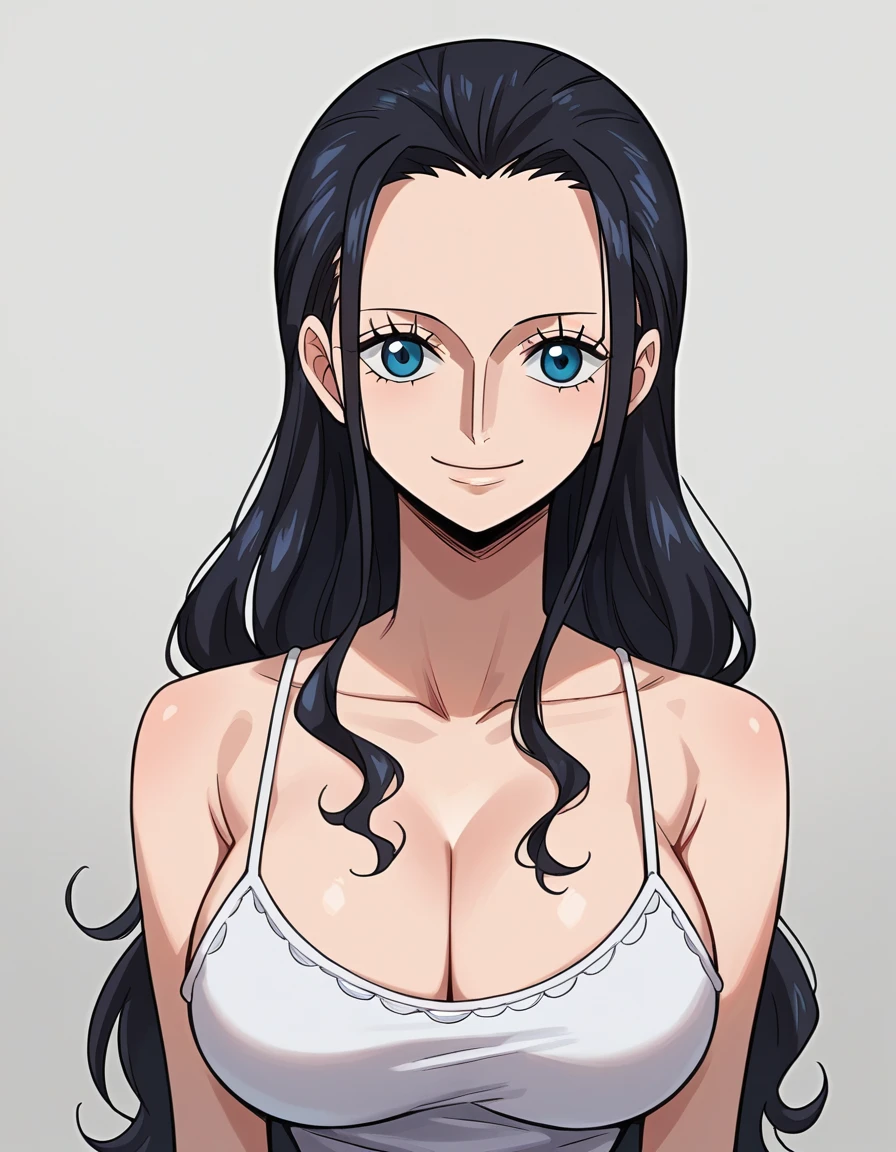 score_9, score_8_up, score_7_up, best quality, source_anime, clear face, 1girl, Nico Robin, black hair, long hair, blue eyes, large breasts, camisole, cleavage, smile, looking at viewer, upper body, from front, 