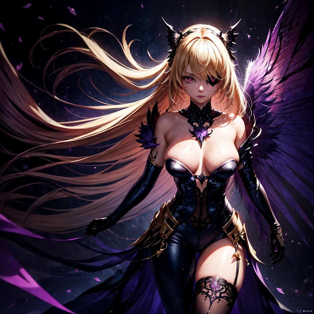 (1 girl, standing alone, AngelT), pink eyes, blonde hair with purple tips, long straight hair, black pants, partially nude, tempting outfit, tattoo marks on the body, wings, gaping mouth, looking ahead at viewer, eyes wide open, confused expression, black goddess, Veil on head, sleeveless divine outfit,ultra realistic skin, breasts big, air of mystique,4K, ultra realistic skin, fully body, Incredible level of detail, sensuous,dark armor