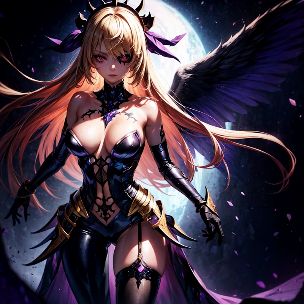 (1 girl, standing alone, AngelT), pink eyes, blonde hair with purple tips, long straight hair, black pants, partially nude, tempting outfit, tattoo marks on the body, wings, gaping mouth, looking ahead at viewer, eyes wide open, confused expression, black goddess, Veil on head, sleeveless divine outfit,ultra realistic skin, breasts big, air of mystique,4K, ultra realistic skin, fully body, Incredible level of detail, sensuous,dark armor