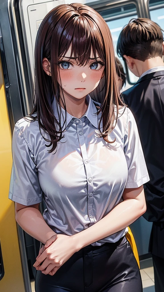 (Browsing Caution:1.3), ((masterpiece)), ((Highest quality)), (Very detailedな), ((cute)), cute, (Lovely), ((sexy)), (device), ((Very detailed)), 4K, (8k), Highest quality, (beautiful), Anime Style, Genuineistic, Genuine, Dynamic Angle, ((1 girl, alone, cute girl)), ((Office Lady Suits)), ((hyper cute face)), beautiful light brown hair, beautiful black eyes, ((beautiful eyes)), Large Breasts, Embarrassing, blush, ,Hold on to the railing of a train,Underarm, (Underarmを見せる:1.3),(avert your eyes:1.4), (Inside the train:1.3),(Crowded train:1.3),
Upper Body,(White shirt:1.5),
,Alternative Breast Size, Grab your chest, (boy,Grab from behind:1.5)
,(Frowning:1.2), (Embarrassing,blush:1.2),(A face stunned with despair:1.1),Sweat,(anger:1.2)