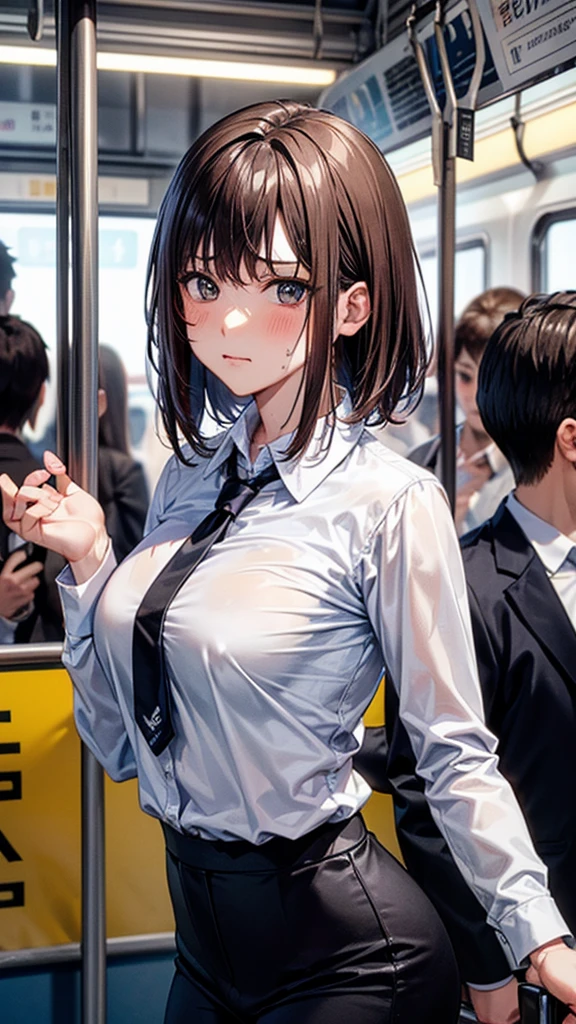 (Browsing Caution:1.3), ((masterpiece)), ((Highest quality)), (Very detailedな), ((cute)), cute, (Lovely), ((sexy)), (device), ((Very detailed)), 4K, (8k), Highest quality, (beautiful), Anime Style, Genuineistic, Genuine, Dynamic Angle, ((1 girl, alone, cute girl)), ((Office Lady Suits)), ((hyper cute face)), beautiful light brown hair, beautiful black eyes, ((beautiful eyes)), Large Breasts, Embarrassing, blush, ,Hold on to the railing of a train,Underarm, (Underarmを見せる:1.3),(avert your eyes:1.4), (Inside the train:1.3),(Crowded train:1.3),
Upper Body,(White shirt:1.5),
,Alternative Breast Size, Grab your chest, (boy,Grab from behind:1.5)
,(Frowning:1.2), (Embarrassing,blush:1.2),(A face stunned with despair:1.1),Sweat,(anger:1.2)