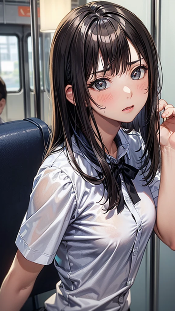(Browsing Caution:1.3), ((masterpiece)), ((Highest quality)), (Very detailedな), ((cute)), cute, (Lovely), ((sexy)), (device), ((Very detailed)), 4K, (8k), Highest quality, (beautiful), Anime Style, Genuineistic, Genuine, Dynamic Angle, ((1 girl, alone, cute girl)), ((Office Lady Suits)), ((hyper cute face)), beautiful light brown hair, beautiful black eyes, ((beautiful eyes)), Large Breasts, Embarrassing, blush, ,Hold on to the railing of a train,Underarm, (Underarmを見せる:1.3),(avert your eyes:1.4), (Inside the train:1.3),(Crowded train:1.3),
Upper Body,(White shirt:1.5),
,Alternative Breast Size, Grab your chest, (boy,Grab from behind:1.5)
,(Frowning:1.2), (Embarrassing,blush:1.2),(A face stunned with despair:1.1),Sweat,(anger:1.2)