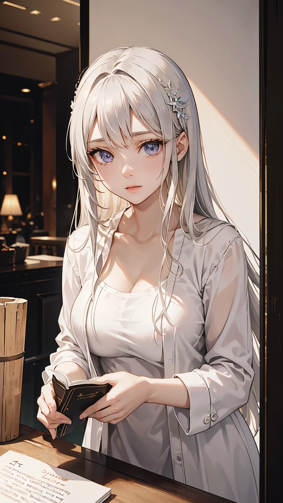 A beautiful girl with white hair and violet eyes standing in a bookstore magazine section, holding a magazine and flipping through the pages with great interest, her lovely figure illuminated by the soft lighting of the store as nearby customers glance at her, (best quality,4k,8k,highres,masterpiece:1.2),ultra-detailed,(realistic,photorealistic,photo-realistic:1.37),1girl,beautiful detailed eyes,beautiful detailed lips,extremely detailed eyes and face,longeyelashes,beautiful young woman,intrigued expression,casual clothing,bookstore interior,natural lighting,warm color tones,atmospheric,detailed textures,intricate details
