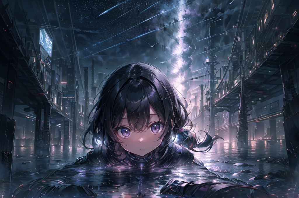 Starry sky with constellations, Purple hue like a nebula, Vast space, The Bottom of Cyberpunk City,