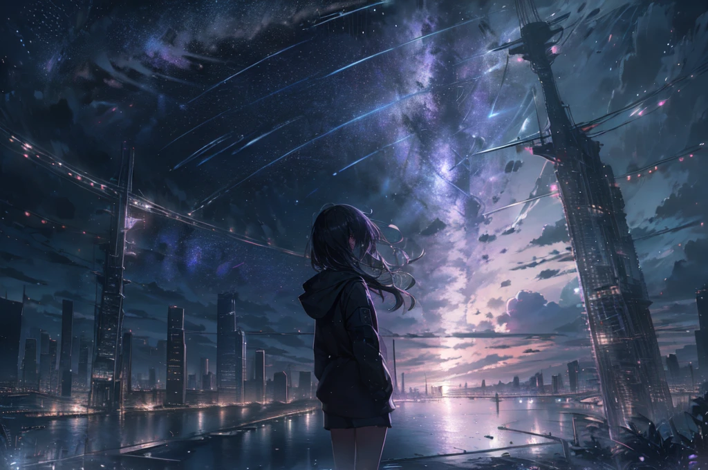 Starry sky with constellations, Purple hue like a nebula, Vast space, The Bottom of Cyberpunk City,