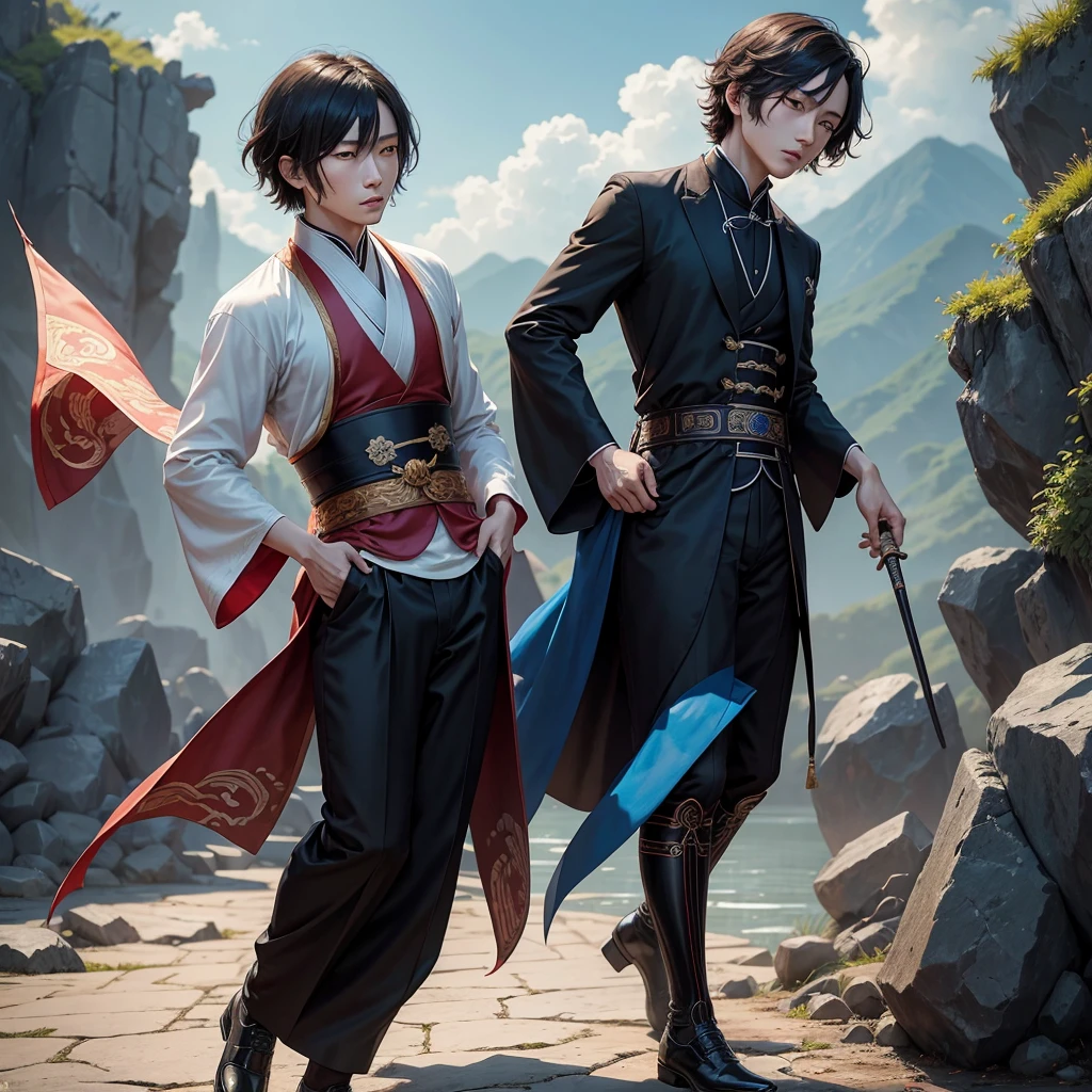 The image is supposed to depict the character Dazai Osamu from the anime "Bungou Stray Dogs". He is to be wearing a blue and black traditional Chinese costume - hanfu, massive black lace-up shoes and a sword on his belt. The picture is to be based on the scenery typical of the xianxia/wuxia genre, i.e. ancient China.