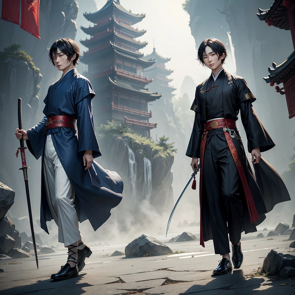 The image is supposed to depict the character Dazai Osamu from the anime "Bungou Stray Dogs". He is to be wearing a blue and black traditional Chinese costume - hanfu, massive black lace-up shoes and a sword on his belt. The picture is to be based on the scenery typical of the xianxia/wuxia genre, i.e. ancient China.