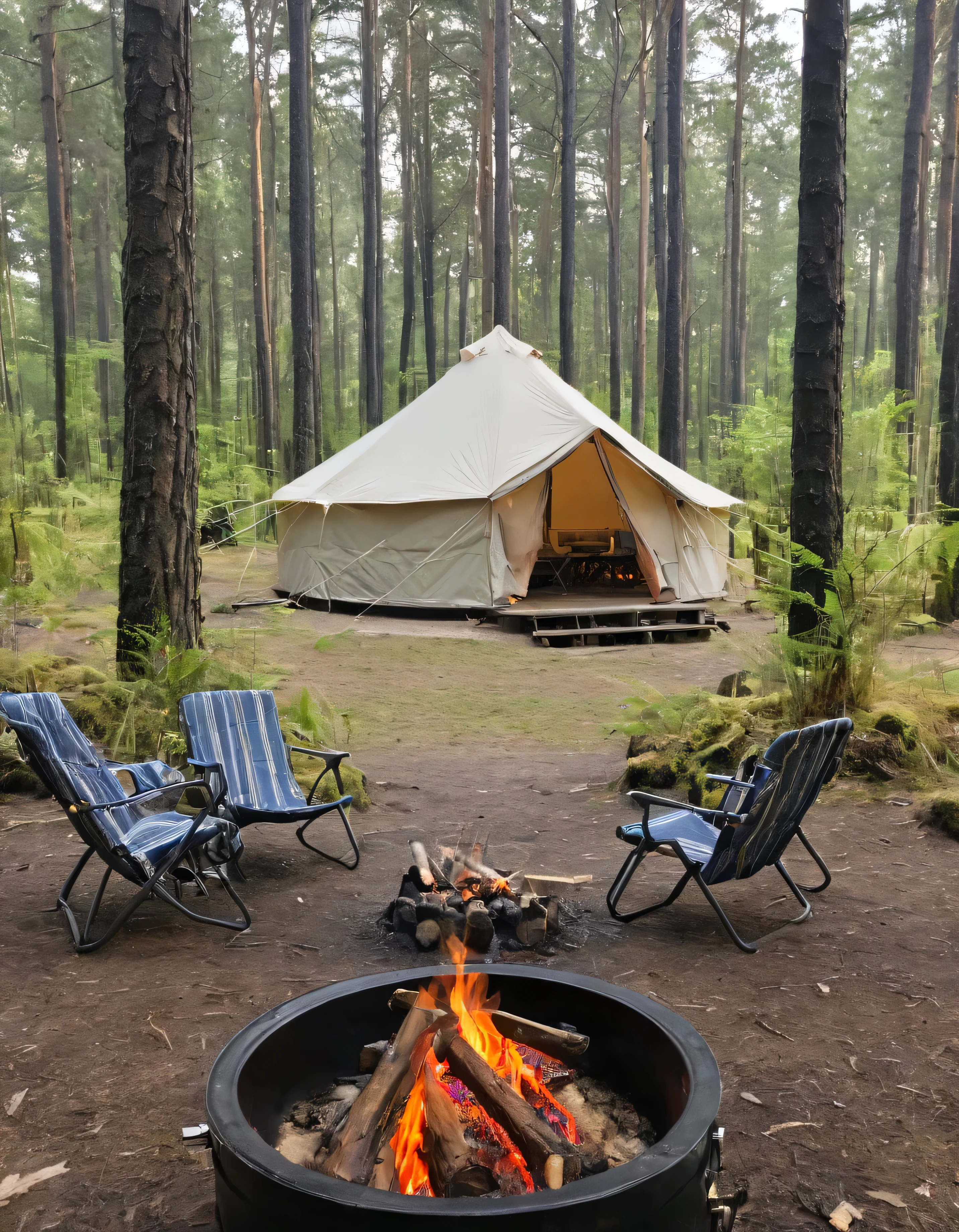 a close up of a tent and chairs in a forest, camping, at a campfire in the forest, barrel fires and tents, camp fire, peaceful environment, campfire in background, relaxing environment, campsites, setting in nature, campfire, glamping, sitting in the forrest, outdoors setting, outdoors, evening!! in the forest, in serene forest setting, outdoor campfire pit