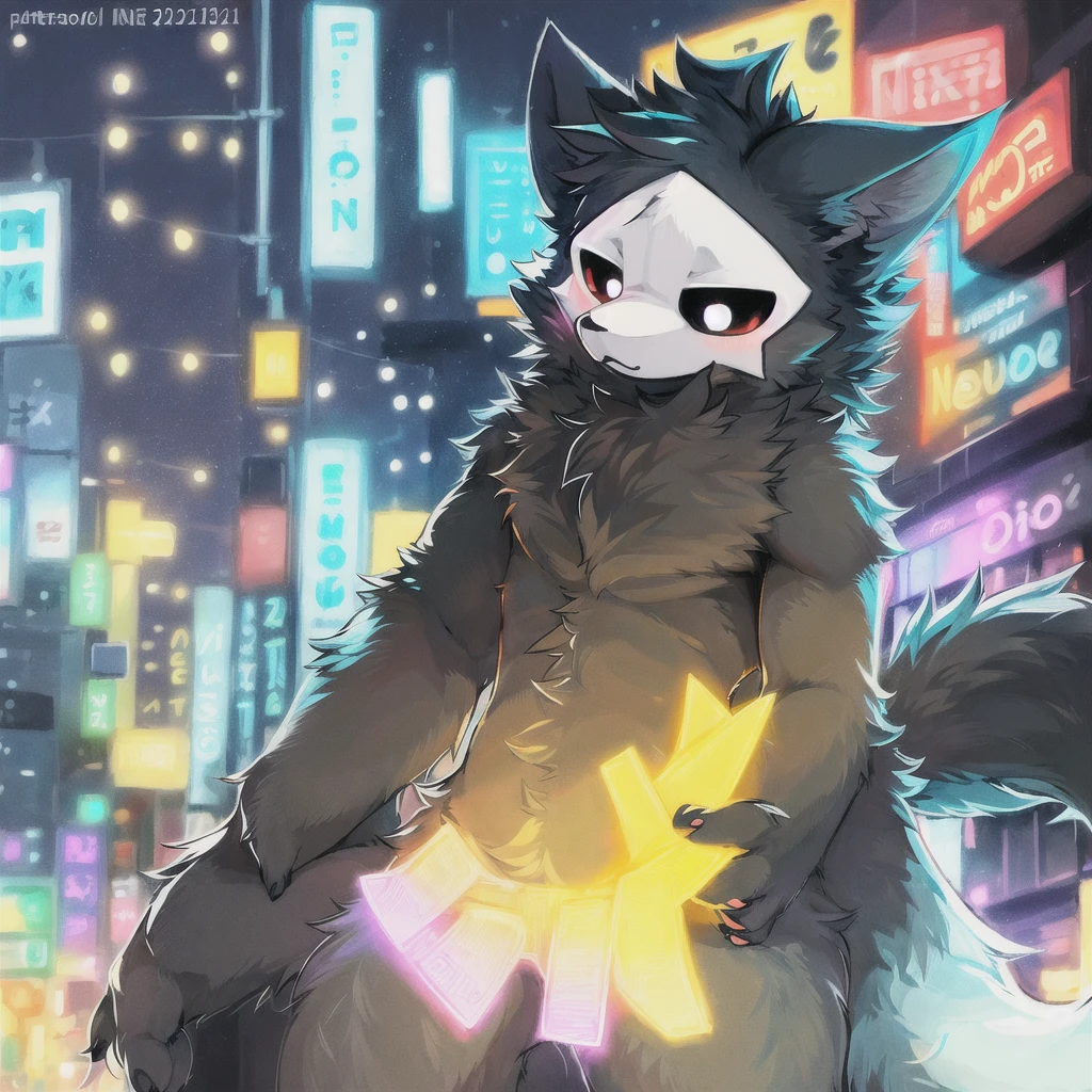 (furry art, uploaded on e621:1.4), (high quality:1.4), (detailed), (detailed face), (furry), (fur), (tail), colorful, neon glow, neon city background, puro, 