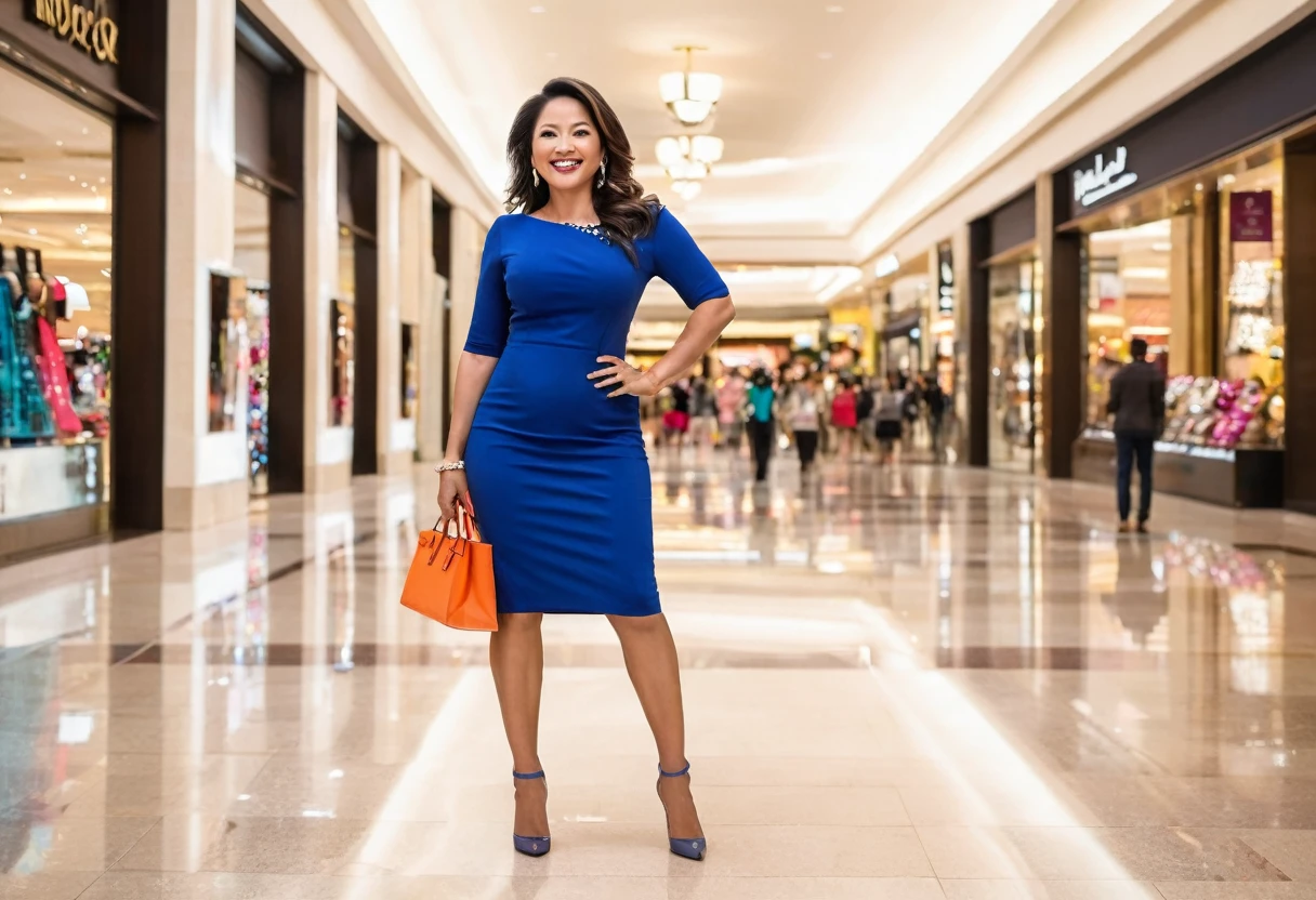 A captivating 41-year-old woman, exuding elegance and vitality, struts confidently through a bustling shopping mall. She is dressed in a stylish, form-fitting mini dress that accentuates her curves, showcasing her timeless beauty. Her radiant smile and poised demeanor draw admiring glances from passersby. The mall's vibrant atmosphere, filled with colorful storefronts and bustling crowds, serves as the perfect backdrop for her stunning display of confidence and grace.