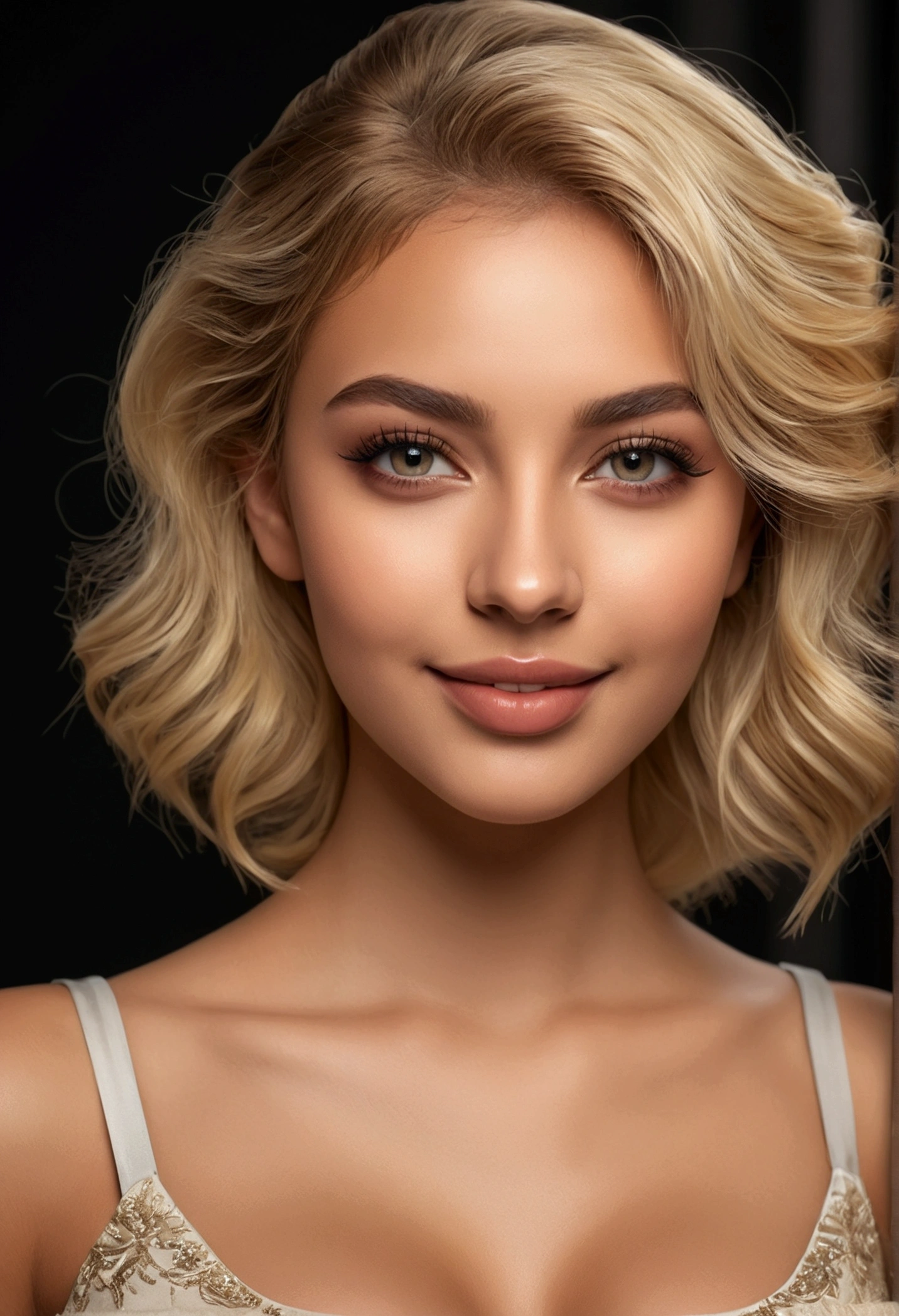 A beautiful detailed young Brazilian woman, 18 years old, blonde, professional graphic designer, formal outfit with slight cleavage, large breasts, sensual smile, hyperrealistic photo, (best quality,4k,8k,highres,masterpiece:1.2),ultra-detailed,(realistic,photorealistic,photo-realistic:1.37),highly detailed face and eyes,extremely detailed skin texture,professional studio lighting,seamless and flawless makeup,elegant hairstyle,beautiful detailed lips,beautiful detailed nose,beautiful detailed eyes,longeyelashes,cinematic lighting,warm color tones,soft focus,dynamic composition,fashion photography