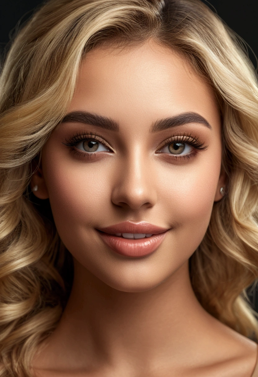 A beautiful detailed young Brazilian woman, 18 years old, blonde, professional graphic designer, formal outfit with slight cleavage, large breasts, sensual smile, hyperrealistic photo, (best quality,4k,8k,highres,masterpiece:1.2),ultra-detailed,(realistic,photorealistic,photo-realistic:1.37),highly detailed face and eyes,extremely detailed skin texture,professional studio lighting,seamless and flawless makeup,elegant hairstyle,beautiful detailed lips,beautiful detailed nose,beautiful detailed eyes,longeyelashes,cinematic lighting,warm color tones,soft focus,dynamic composition,fashion photography
