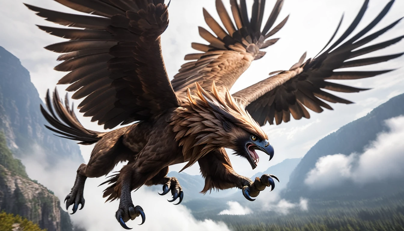 Realistic photos, RAW Photos, Griffon, attacks viewer, Powerful movements, jump on prey, ((Dynamic jump)), Sharp Claws, Griffon approaching from above, sudden approach, Bad-tempered, dynamic Shot from grand