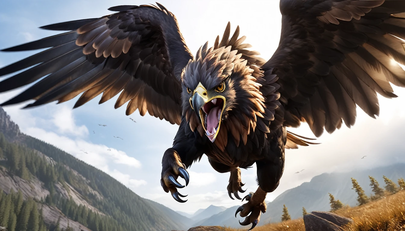 Realistic photos, RAW Photos, Griffon, attacks viewer, Powerful movements, jump on prey, ((Dynamic jump)), Sharp Claws, Griffon approaching from above, sudden approach, Bad-tempered, dynamic Shot from grand