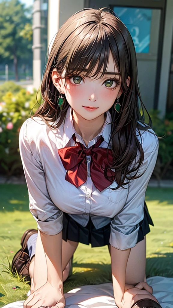 (masterpiece:1.2, Highest quality), (Realistic, photoRealistic:1.4), Beautiful illustrations, (Natural Side Lighting, Cinema Lighting),
View your viewers, Cowboy Shot, Front view:0.6, 1 girl, Japanese, high school girl, Perfect Face, Cute and symmetrical face, Glowing Skin,
(Long Hair:1.8, Straight hair:1.7, Light brown hair), Parted bangs, Emerald green eyes, Long eyelashes, (Large Breasts:0.9, Thick thighs),
Beautiful Hair, Beautiful Face, Beautiful attention to detail, Beautiful clavicle, Beautiful body, Beautiful breasts, Beautiful thighs, Beautiful feet, Beautiful fingers,
((, White collared shirt, black pleated mini skirt, Black socks, Brown Loafers, Red bow tie)), break, hoop ring earrings, Pink Panties, Dark Blue Violet Cardigan, break,
(Beautiful views),
A girl crawling on all fours in the grassland. She is mating backwards with a big dog on her back.
Her face is bright red and flushed, Her brow is furrowed, And she's smiling.
Her skirt is very short.