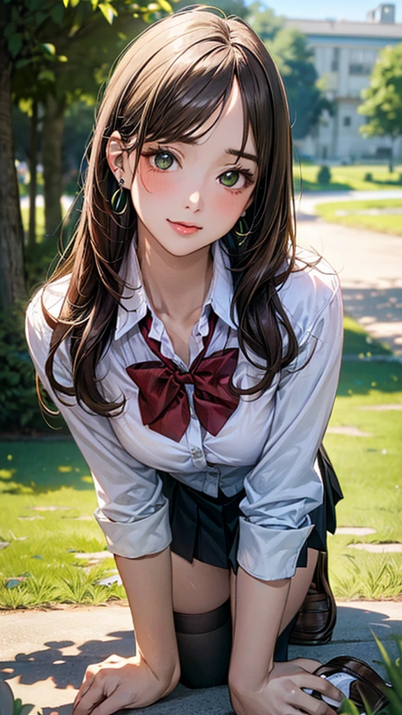 (masterpiece:1.2, Highest quality), (Realistic, photoRealistic:1.4), Beautiful illustrations, (Natural Side Lighting, Cinema Lighting), 
View your viewers, Cowboy Shot, Front view:0.6, 1 girl, Japanese, high school girl, Perfect Face, Cute and symmetrical face, Glowing Skin, 
(Long Hair:1.8, Straight hair:1.7, Light brown hair), Parted bangs, Emerald green eyes, Long eyelashes, (Large Breasts:0.9, Thick thighs), 
Beautiful Hair, Beautiful Face, Beautiful attention to detail, Beautiful clavicle, Beautiful body, Beautiful breasts, Beautiful thighs, Beautiful feet, Beautiful fingers, 
((, White collared shirt, black pleated mini skirt, Black socks, Brown Loafers, Red bow tie)), break, hoop ring earrings, Pink Panties, Dark Blue Violet Cardigan, break,
(Beautiful views),
A girl crawling on all fours in the grassland. She is mating backwards with a big dog on her back.
Her face is bright red and flushed, Her brow is furrowed, And she&#39;s smiling.

Her skirt is very short.
