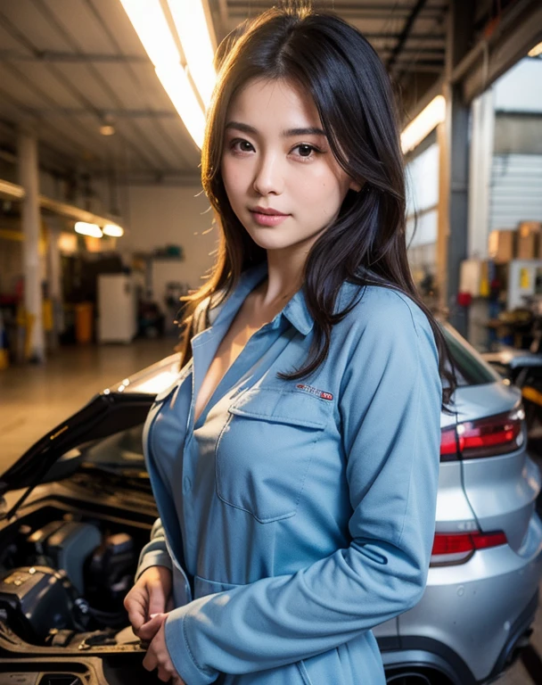 You are a professional photographer。masterpiece、８K、Highest quality, Soft Light, Ultra-high resolution, (Realistic:1.4), RAW Photos,24 years old Japanese girl, alone, cute, Cool women、(pupil, Light in your eyes),  Beautiful face in every detail, (Small box),(High resolution detail of human skin texture),Cleavage Auto Repair Shop、mechanic、Work Style、Wearing a jumpsuit、Wear long-sleeved work clothes、Roll up your sleeves、Car maintenance
、(Portraiture)