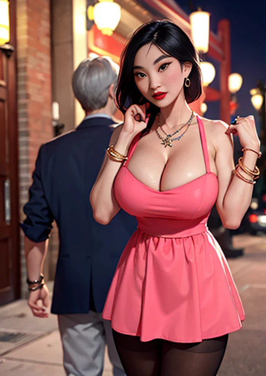 Mulan, Modern Disney,  bracelet，ring, university student，Pink Hair，Huge breasts，Cleavage，Low-cut，miniskirt，pantyhose，cute，necklace，earrings，shy，Red lips，夜Dress，Dress，Prom Dress Up，Dress Up