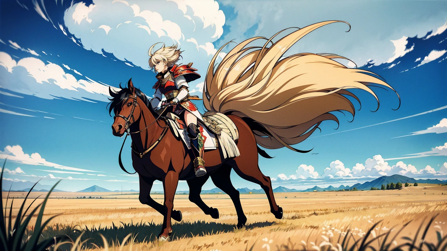A female samurai in armor, traveling through a field of pampas grass. She has a determined expression, with her hair blowing in the wind. Her armor is detailed and traditional, showing signs of wear from travel. She walks along a path surrounded by tall, swaying pampas grass, creating a sense of movement and the whisper of the wind. The sky above is dynamic, with clouds moving swiftly, indicating strong winds. The scene captures a sense of adventure, resilience, and the beauty of nature.