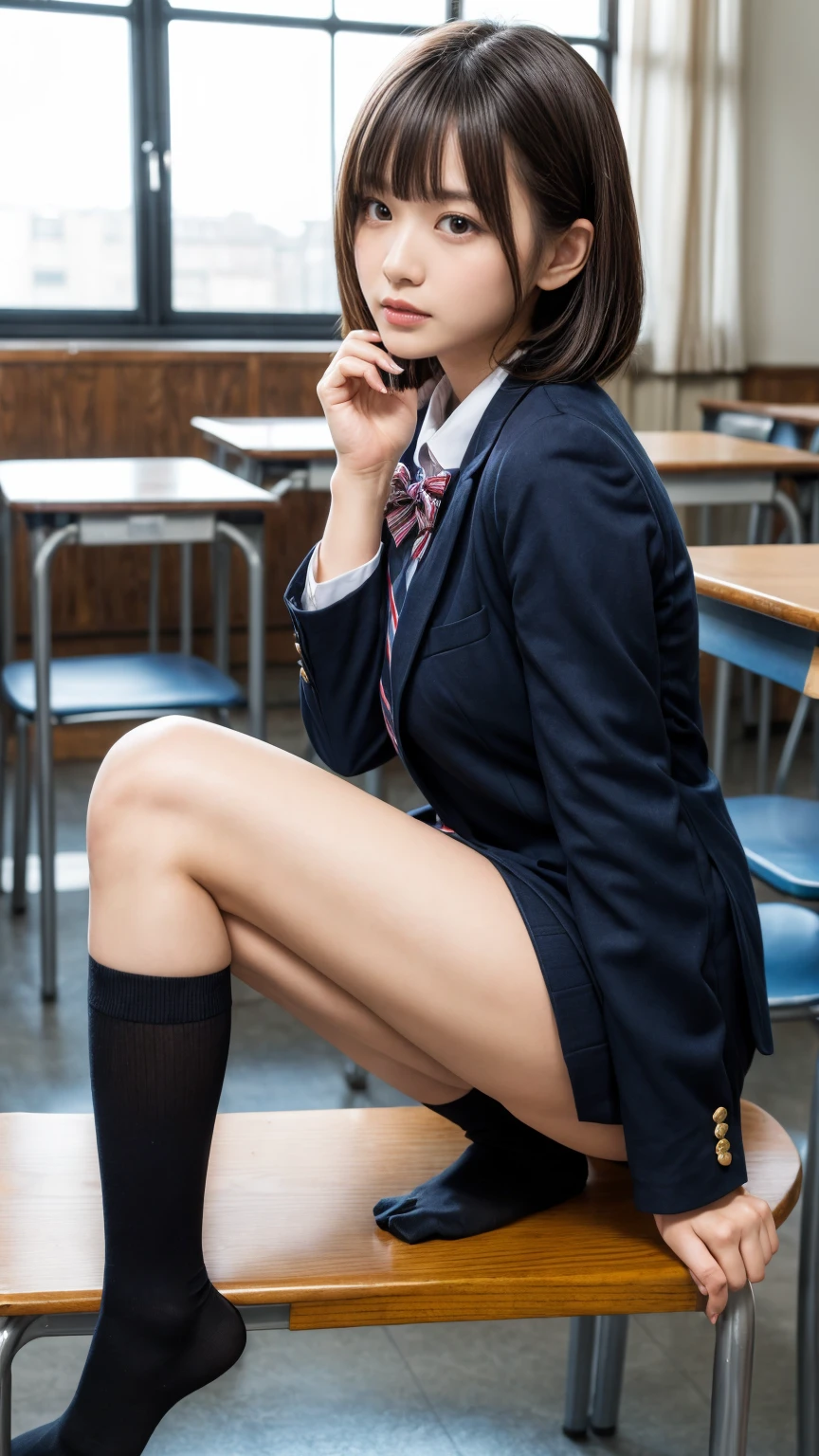 masterpiece, Highest quality, figure, Very detailed, Fine details, High resolution, 8k,wallpaper, Perfect dynamic composition,(Detailed high quality, Realistic depiction of eyes:1.3), From the side, High school classroom、 uniform、blazer 、Super Short Check Uniform Skirt、Navy blue knee-high socks、garter belt、huge 、Disheveled uniform, Short Bob Hair, Black hair color, Large Breasts, Big Natural Color Lip, Bold sexy pose, (Perfect figure), Crying a little、Cold Stare, Harajuku Style、20-year-old girl、Cute type, Beautiful feet, Gravure idol pose, Voluptuous thighs