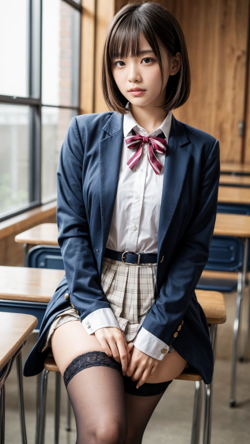 masterpiece, Highest quality, figure, Very detailed, Fine details, High resolution, 8k,wallpaper, Perfect dynamic composition,(Detailed high quality, Realistic depiction of eyes:1.3), From the side, High school classroom、 uniform、blazer 、Super Short Check Uniform Skirt、Navy blue knee-high socks、garter belt、huge 、Disheveled uniform, Short Bob Hair, Black hair color, Large Breasts, Big Natural Color Lip, Bold sexy pose, (Perfect figure), Crying a little、Cold Stare, Harajuku Style、20-year-old girl、Cute type, Beautiful feet, Gravure idol pose, Voluptuous thighs