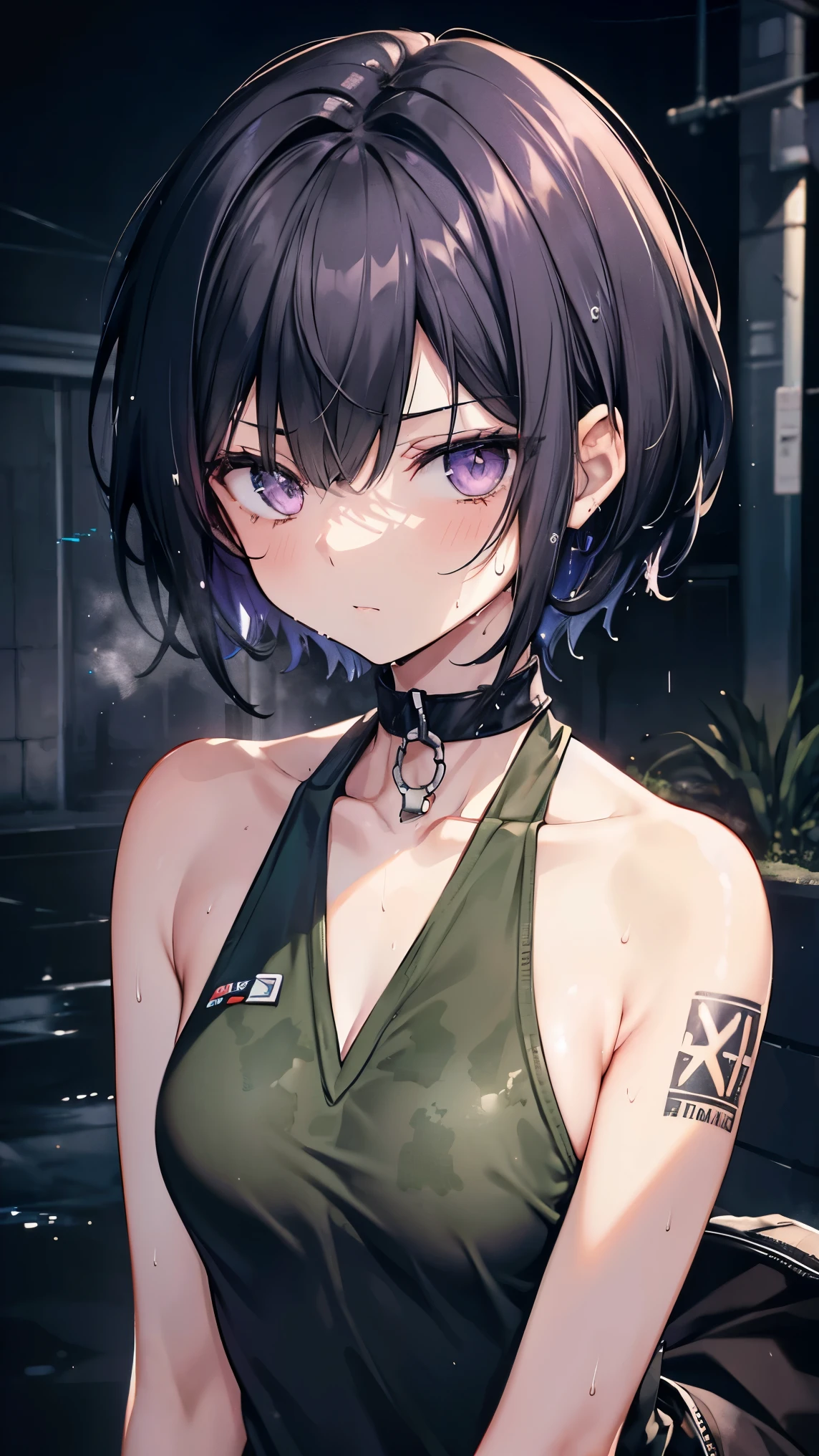High resolution,high resolution,Girl,Black Hair,Short Hair,Purple Eyes,Slanted Eyes,Bad mood,boyish,slender,Toned body,Ghillie Suit,,Tattoo,,low length,Starry Sky,choker,Wet with sweat,
