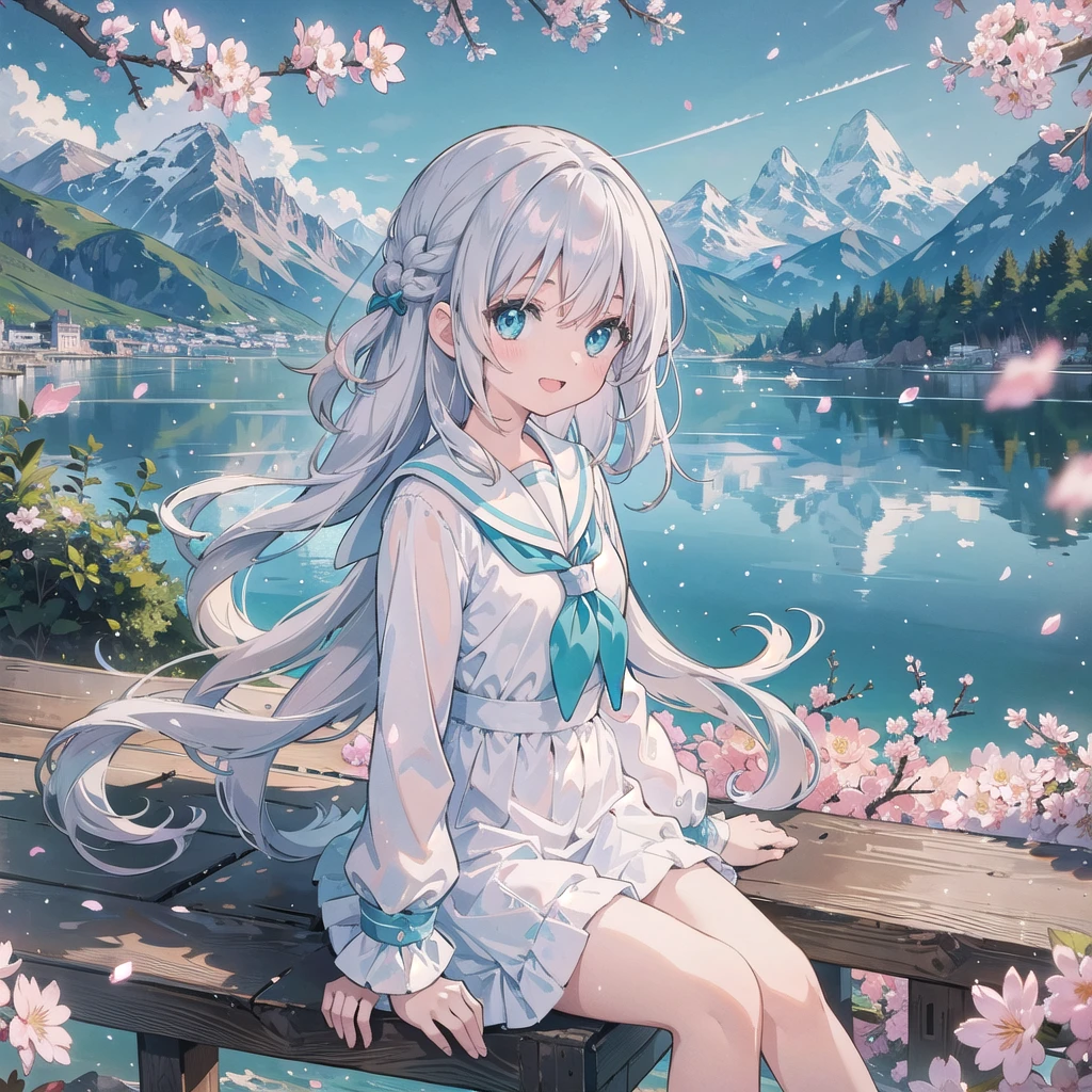 (masterpiece), scenery, mountainous horizon, cherry blossoms, petals, light particles, upper body, 1girl, sailor, wavy hair, floating hair, smile, sitting, open mouth, light particles, silver hair, aqua eyes, looking at viewer, face focus
