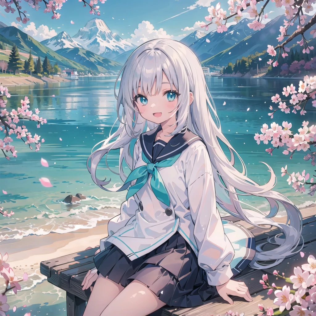 (masterpiece), scenery, mountainous horizon, cherry blossoms, petals, light particles, upper body, 1girl, sailor, wavy hair, floating hair, smile, sitting, open mouth, light particles, silver hair, aqua eyes, looking at viewer, face focus