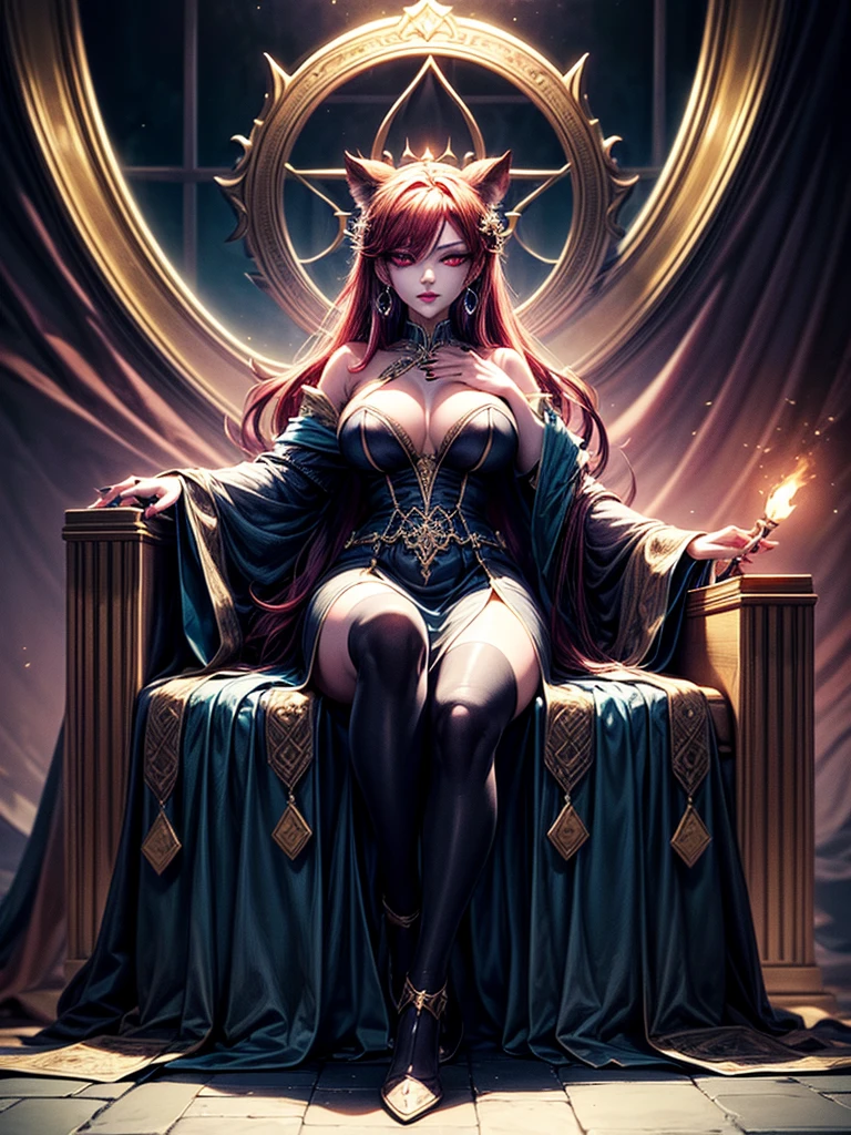 In the dark castle throne room with torches on the walls red carpet on the flore on the huge royal throne in seductive pose siting beatiful demon queen, She have beautiful face with pink eyes rakr eye shadows and dark lipstick sexy make up, golden ring shape earrings on her ponty ears. she have long gorgeous bloody red hair.. dressed in majestic sexy black royal robe with golden metal parts, also she have tattooes all over her body her hands have lonf beautiful nails, (ultra high quality fantasy art, ghothic dark fantasy style, masterpiece, ultra high quality character design, 8k quality anime art, realistic anime art, top quality wallpaper illustration, detailed ultra high quality accurate face, high quality design and accurate physic)