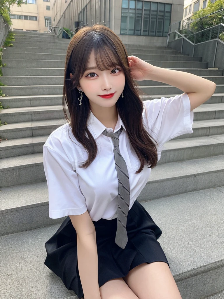 Grey Eyes, Korean , summer shirt, Ribbon tie, skirt, Light Blonde, School stairs, going down School stairs, Chest thrust pose, Breast-flaunting pose, 8K RAW Photos, High resolution, Cool Korean 16 year old, Very big round breasts, Beautiful eyes in every detail, Long eyelashes, Beautiful double eyelids, eye shadow, eyeliner, Narrow eyes, Elongated eye shape, Three white eyes, Wicked Smile, Evil look, Beautiful and slim legs, Beautiful and thin thighs, Random Medium Hair, Tie your hair behind your head, Earrings,