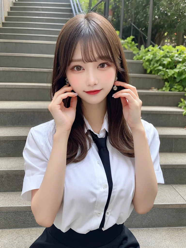Grey Eyes, Korean , summer shirt, Ribbon tie, skirt, Light Blonde, School stairs, going down School stairs, Chest thrust pose, Breast-flaunting pose, 8K RAW Photos, High resolution, Cool Korean 16 year old, Very big round breasts, Beautiful eyes in every detail, Long eyelashes, Beautiful double eyelids, eye shadow, eyeliner, Narrow eyes, Elongated eye shape, Three white eyes, Wicked Smile, Evil look, Beautiful and slim legs, Beautiful and thin thighs, Random Medium Hair, Tie your hair behind your head, Earrings,