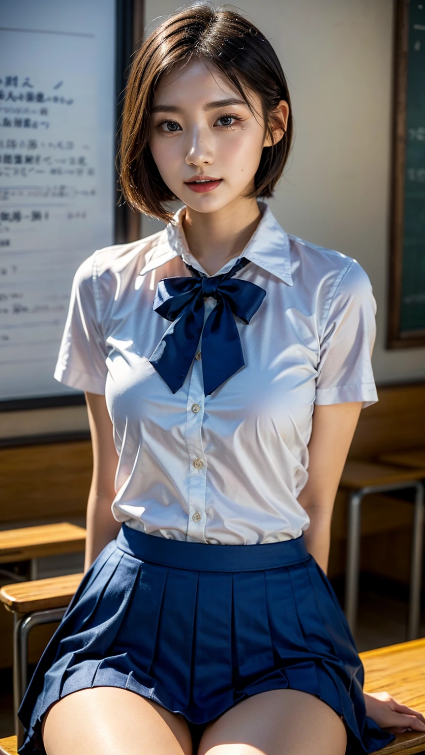 (Realistic:1.4), Highest quality, masterpiece, RAW32K Photo, (Very detailed美しい日本の***), (Very fine particles:1.2), (Baby Face),(Cute Face:1.2), Very detailed, Ultra-high resolution, wonderful, break,
(school uniform:1.5), Detailed school girl, (Bright classroom 1.3、Moody light), Beautiful detailed girl, blonde、Cute Face, mini skirt,(thigh)、(She lifted her skirt to reveal her white panties.)、((short hair))