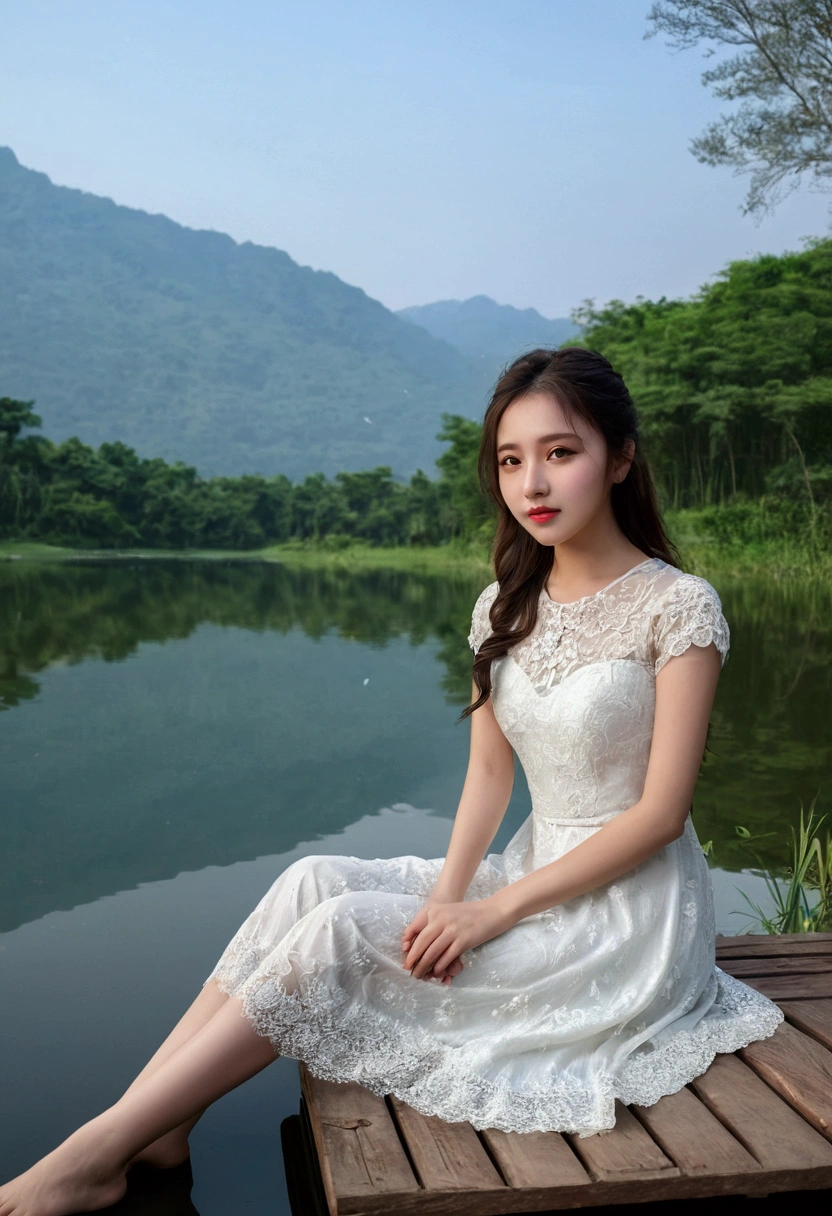 a short white dress wearing a girl sit on a lake side. have carming face , detailed skin.
