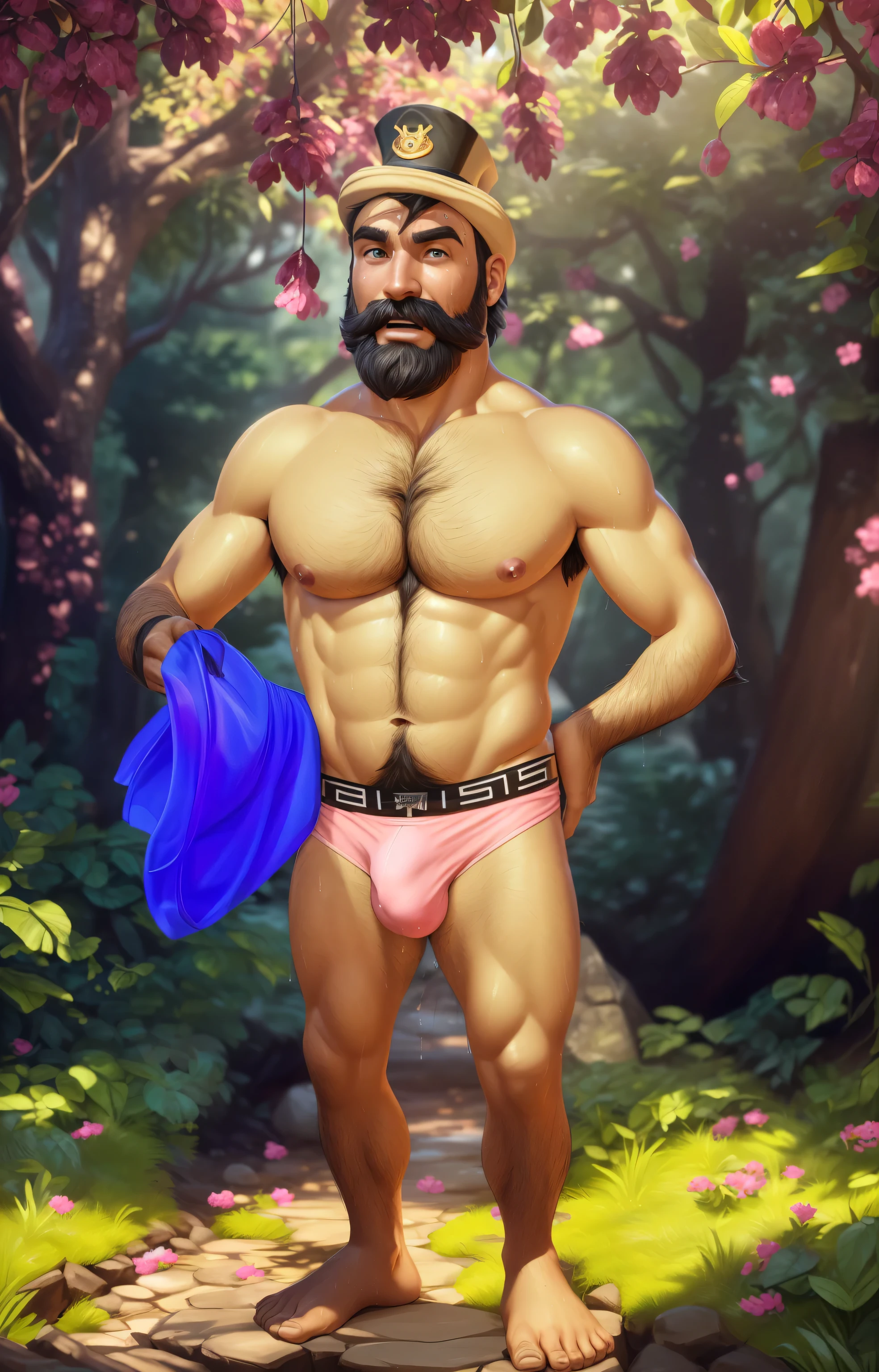 ((there is a man with a beard and a blue shirt on his arm)), (pose:Full Body Shot), (posing:Full Body Shot), (soft shading), (((4k, hi res, Ray tracing))), ((((extreme detailed sweat drops, glistening, glistening body))), (((five fingers, detailed hands))), ((detailed face, (detailed eyes:1.0), detailed)), by zackarry911, by zaush, (by personalami:0.5), looking at viewer, (((horny))), (((old and wise))),shirtless, 1boy, (((body hair))), standing, closed mouth,(((standing))),(((Armpit hair, beard,body hair, nude, thick chest hair, beard, tuft, chest tuft, arm tuft,hairy feet,hairy belly))),(((muscular, sixpack))) ,male focus, black hair, nature, captain hat, (((extreme detailed men pink bikini,pink underwear))), // ((Human,penis bulge))