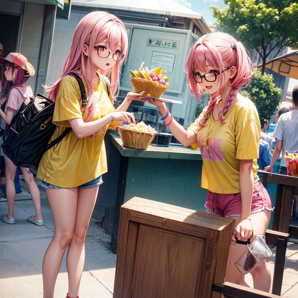 A plump pink haired asian girl with glasses wearing a yellow shirt and shorts eating a parfait
