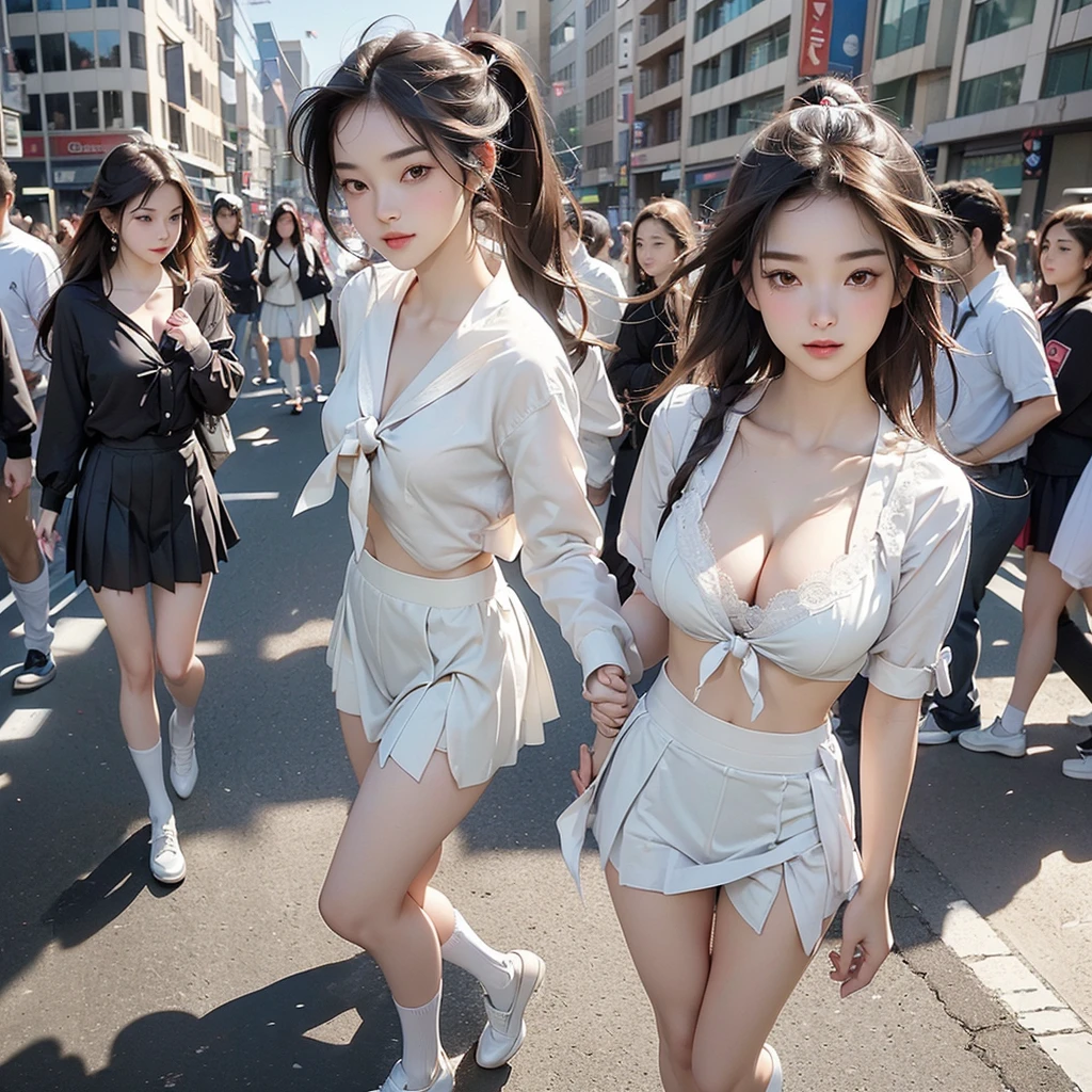 (((masterpiece, Highest quality, High resolution, 超High resolution, Pixel perfect, Written boundary depth, 4K, RTTX10.0, High resolution))), Beautiful Anime Woman, Beautiful art style, Anime characters, ((Smooth texture, Realistic texture, Anime CG Style)), Perfect body, (Slender body:1.2), Exact finger count、Exact number of legs、(Exact number of arms:1.0, Exact number of hands:1.0), Best Shadow, The best natural light, Cinematic, Realistic, Highest quality, High resolution, Perfect lighting, Highly detailed CG, (Perfect hands, Perfect Anatomy), Daytime lighting, whole body, ((Long Hair, bangs, Dark brown hair, Different types of hairstyles, Twin tails, ponytail)), (Detailed face, Beautiful Face, Beautiful eyelashes), (Two adult women walking side by side, Lift up your skirt with your hands:1.4), (Fashionable white shirt, Sailor collar, Knee-high socks, loafers, Pleated mini skirt:1.3)、Angle from the front, ((Stylish shiny satin panties, side-tie white panties, Black lace trim:1.3)), (Beautiful and thin thighs:1.3), Feeling embarrassed, blush, Embarrassed expression, (Urban hustle and bustle, Buildings on the background, Sidewalk, Intersection in the background, In the background, a large number of people dressed in clothes々々: 1.4)
((((Emphasize cleavage))))
((((Panties and bra are visible))))
