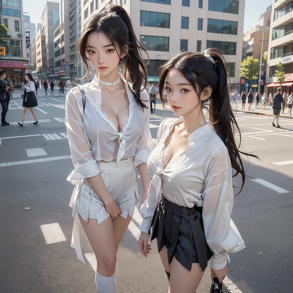 (((masterpiece, Highest quality, High resolution, 超High resolution, Pixel perfect, Written boundary depth, 4K, RTTX10.0, High resolution))), Beautiful Anime Woman, Beautiful art style, Anime characters, ((Smooth texture, Realistic texture, Anime CG Style)), Perfect body, (Slender body:1.2), Exact finger count、Exact number of legs、(Exact number of arms:1.0, Exact number of hands:1.0), Best Shadow, The best natural light, Cinematic, Realistic, Highest quality, High resolution, Perfect lighting, Highly detailed CG, (Perfect hands, Perfect Anatomy), Daytime lighting, whole body, ((Long Hair, bangs, Dark brown hair, Different types of hairstyles, Twin tails, ponytail)), (Detailed face, Beautiful Face, Beautiful eyelashes), (Two adult women walking side by side, Lift up your skirt with your hands:1.4), (Fashionable white shirt, Sailor collar, Knee-high socks, loafers, Pleated mini skirt:1.3)、Angle from the front, ((Stylish shiny satin panties, side-tie white panties, Black lace trim:1.3)), (Beautiful and thin thighs:1.3), Feeling embarrassed, blush, Embarrassed expression, (Urban hustle and bustle, Buildings on the background, Sidewalk, Intersection in the background, In the background, a large number of people dressed in clothes々々: 1.4)
((((Emphasize cleavage))))
((((Panties and bra are visible))))

