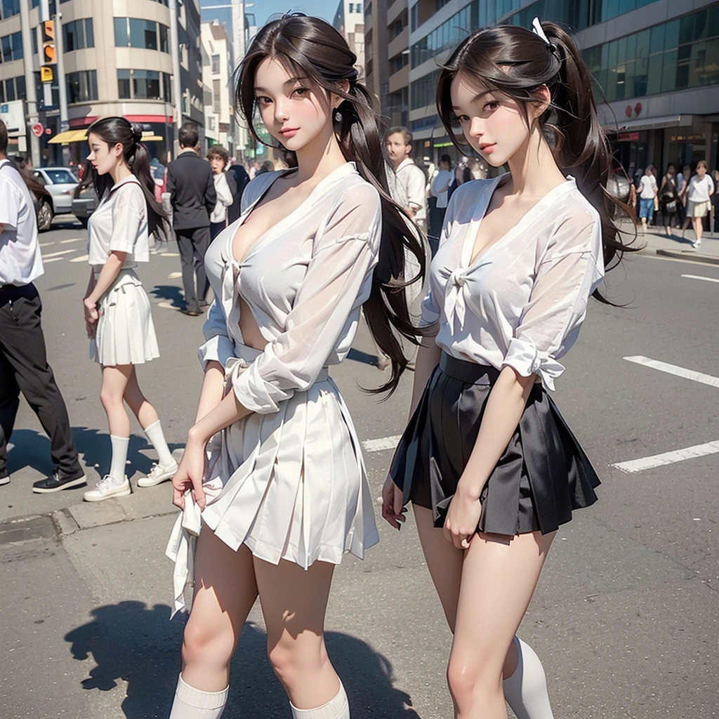 (((masterpiece, Highest quality, High resolution, 超High resolution, Pixel perfect, Written boundary depth, 4K, RTTX10.0, High resolution))), Beautiful Anime Woman, Beautiful art style, Anime characters, ((Smooth texture, Realistic texture, Anime CG Style)), Perfect body, (Slender body:1.2), Exact finger count、Exact number of legs、(Exact number of arms:1.0, Exact number of hands:1.0), Best Shadow, The best natural light, Cinematic, Realistic, Highest quality, High resolution, Perfect lighting, Highly detailed CG, (Perfect hands, Perfect Anatomy), Daytime lighting, whole body, ((Long Hair, bangs, Dark brown hair, Different types of hairstyles, Twin tails, ponytail)), (Detailed face, Beautiful Face, Beautiful eyelashes), (Two adult women walking side by side, Lift up your skirt with your hands:1.4), (Fashionable white shirt, Sailor collar, Knee-high socks, loafers, Pleated mini skirt:1.3)、Angle from the front, ((Stylish shiny satin panties, side-tie white panties, Black lace trim:1.3)), (Beautiful and thin thighs:1.3), Feeling embarrassed, blush, Embarrassed expression, (Urban hustle and bustle, Buildings on the background, Sidewalk, Intersection in the background, In the background, a large number of people dressed in clothes々々: 1.4)
((((Emphasize cleavage))))
((((Panties and bra are visible))))