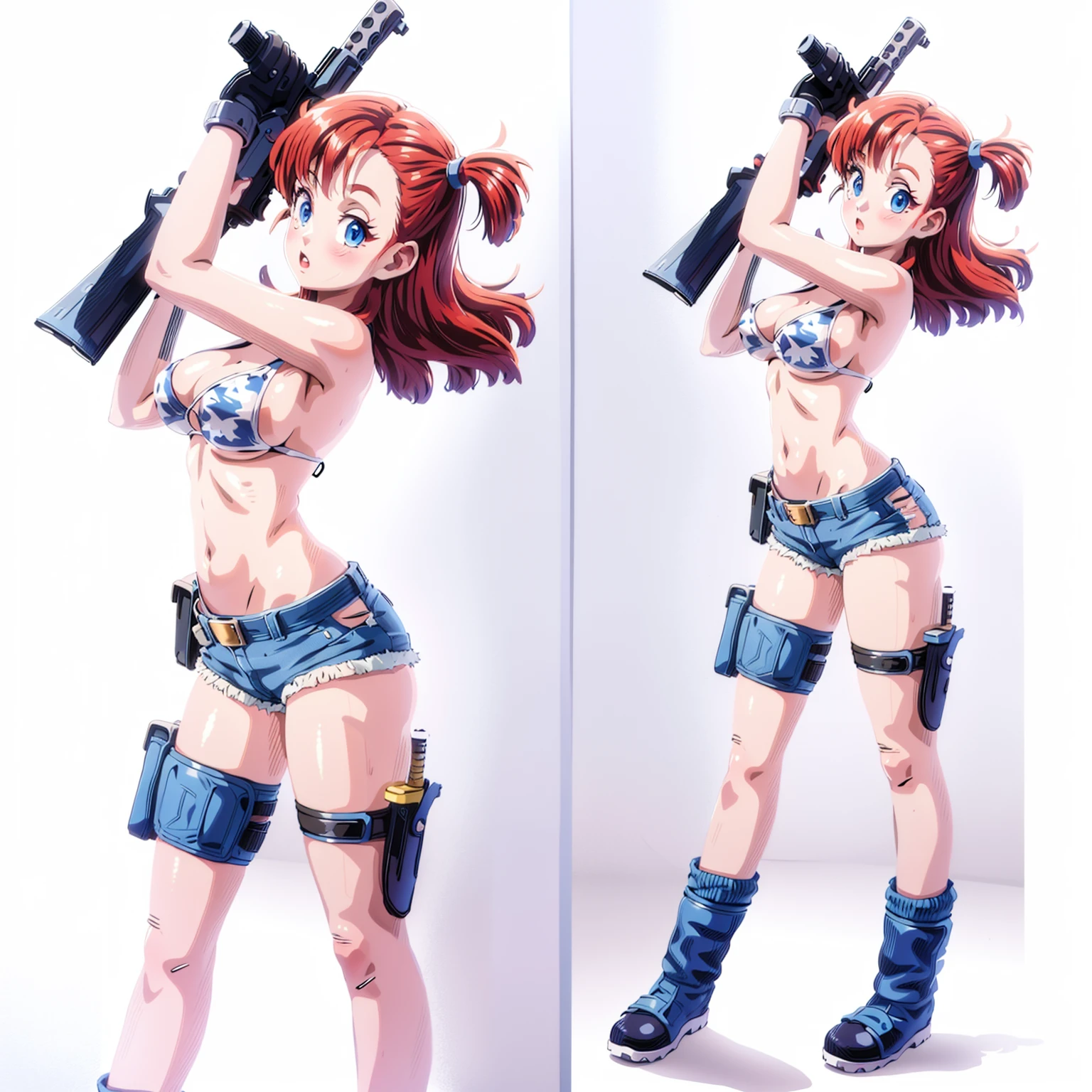 1girl, solo, gun, weapon, shorts, swimsuit, bulma, holster, boots, bikini, red hair, gloves, breasts, blue eyes, one side up, bikini top only, denim shorts, thigh holster, shorts, denim, short shorts, cleavage, navel, medium breasts, handgun, full body, long hair, midriff, belt, thigh strap