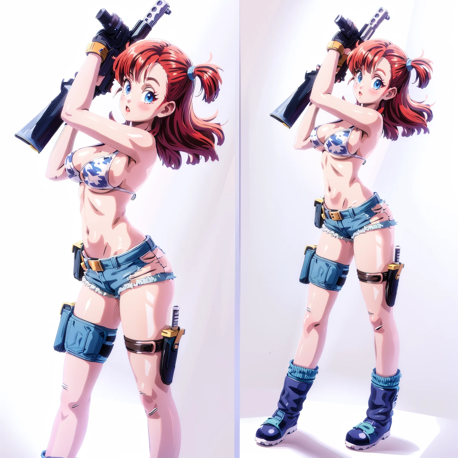 1girl, solo, gun, weapon, shorts, swimsuit, bulma, holster, boots, bikini, red hair, gloves, breasts, blue eyes, one side up, bikini top only, denim shorts, thigh holster, shorts, denim, short shorts, cleavage, navel, medium breasts, handgun, full body, long hair, midriff, belt, thigh strap