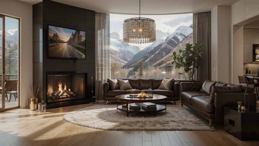 Design a luxurious living room with a full candle fireplace in Alav large living room、A stylish round coffee table and a sofa arafed the living room with a sleek entertainment center with built-in shelving,Floor-to-ceiling large glass windows,The snow outside the window blends into the mountains, Dramatic rendering,Luxurious environment,Realistic physically based rendering,Render in Unreal Engine 5,Enscape rendering,8k Landscape Rendering,Natural and realistic rendering,Broad perspective,Large living room,Beautifully detailed rendering,