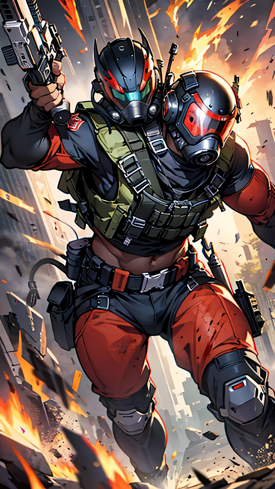 最high quality、Best image quality、masterpiece、male((humanoid、Railgun、Bulletproof vest、Jetpack、Red visor、Run、Have a bomb,Full of wounds,gas mask、Gold Color、Fighting Pose、Muscular,Blood splatter,Tattered)）high quality、Beautiful art、background((underground,Fighting the monsters)),Tabletop、Exquisite design、Visual Arts、Written boundary depth、Best lighting、The finest details、8ｋ