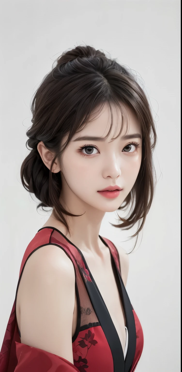 masterpiece, 1 beautiful girl, detailed eyes, puffy eyes, top quality, Ultra high resolution, (reality: 1.4), original photo, 1 woman, movie lights, Japanese, asian beauty, korean, very beautiful, beautiful skin, slim, body facing forward, (극도로 reality적이다), (high resolution), (8 thousand), (very detailed), (best illustration), (beautiful and delicate eyes), (very detailed), detailed face, looking at viewer, looking straight ahead, neat clothes, sleeveless, Short hair, black hair, 46 point slanted bangs, white background, neat room,