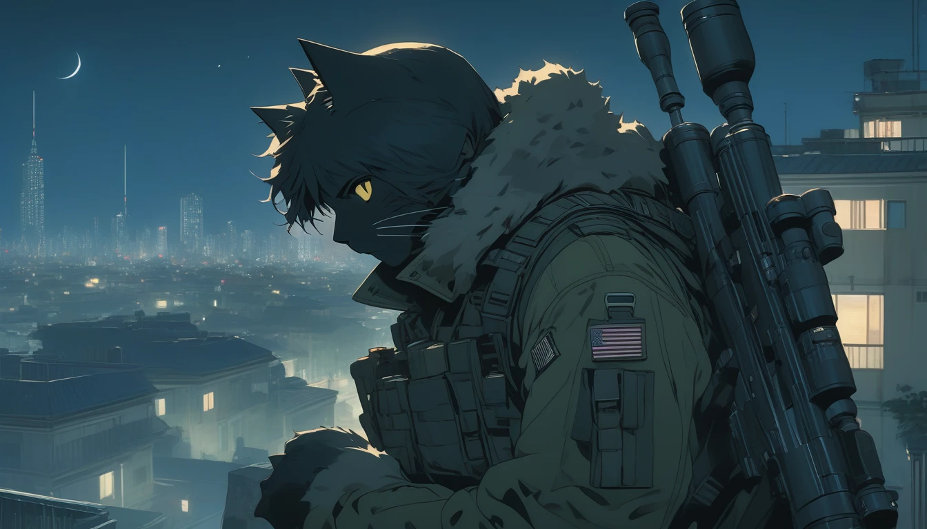 ((Masterpiece)), ((Best Quality)), (Very Detailed), ((Very Detailed)), 4K, (8K), very aesthetic, absurdres highres, 1 girl, (anthropomorphic cat, furry, kemono:1.8), A sniper wearing dark camouflage uniform is lying face down on the roof of a building, holding a rifle. His eyes are focused on the target through the scope. The rifle is equipped with a suppressor and is silently taking aim.The night cityscape unfolds, light spilling through the windows of buildings and dotted with street lamps.The moonlight illuminates the outlines of the buildings, making it a quiet night. You can see the headlights of cars in the distance, and you can feel the hustle and bustle of the city.The main color is dark, and the moonlight illuminates the sniper and some of the buildings.Overall The cold colors are emphasized, creating a sense of tension.The moonlight shines on the sniper's face, revealing a sharp expression.The sniper's concentration and tension are emphasized, and the sense of crisis hidden in the silence is felt. I feel so tense that I can almost hear his breathing and heartbeat.