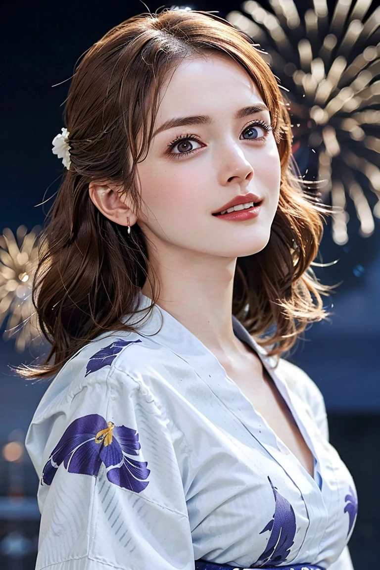 (Preserve face images), pale face:1.3、Super thin face:1.3, (very big eyes:1.5)、 (blown eyes:1.5), master piece、8k, {highest quality}, {{masterpiece}}, {very delicate and beautiful}, (((Mid-range shooting))), outstanding light and shadow, highly detailed wallpaper, clear and bright sunlight, (((Full body))), 1 girl, blush、(Light brown colour hair), ((Face illuminated by fireworks)), (((A classic yukata pattern with blue-purple irises and black vertical stripes on an off-white background ))), colour々A pose:1.5, necklace、ring、earrings,(Toothless smile:1,5), ((Mid-range shooting、Looking up at fireworks in the sky))、Seaside fireworks display