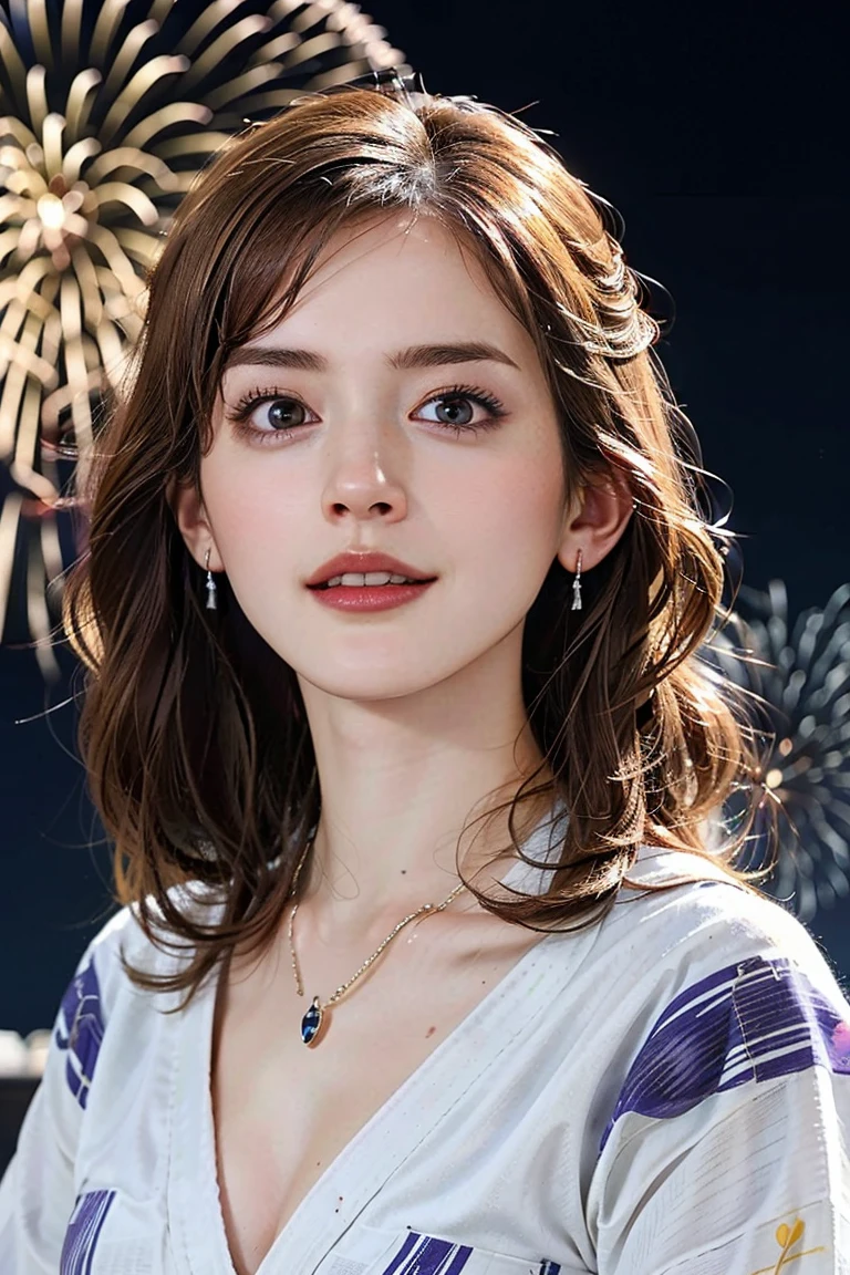 (Preserve face images), pale face:1.3、Super thin face:1.3, (very big eyes:1.5)、 (blown eyes:1.5), master piece、8k, {highest quality}, {{masterpiece}}, {very delicate and beautiful}, (((Mid-range shooting))), outstanding light and shadow, highly detailed wallpaper, clear and bright sunlight, (((Full body))), 1 girl, blush、(Light brown colour hair), ((Face illuminated by fireworks)), (((A classic yukata pattern with blue-purple irises and black vertical stripes on an off-white background ))), colour々A pose:1.5, necklace、ring、earrings,(Toothless smile:1,5), ((Mid-range shooting、Looking up at fireworks in the sky))、Seaside fireworks display